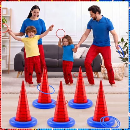 Thenshop 16 Pcs Spider Theme Inflatable Ring Toss Game Set Includes 5 Inflatable Cones 10 Plastic Rings and 1 Pump Spider Birthday Party Toss Game for Indoor Outdoor Lawn Yard Garden Party Supplies