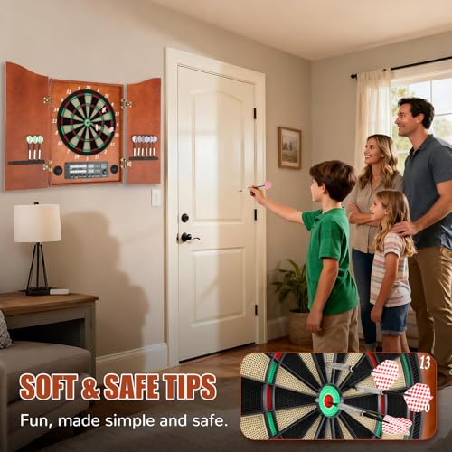 Electronic Dartboard Cabinet Set for Adult Soft Tip Dart Boards with Cabinet, Up to 8 Players, 25 Games with 12 Soft Tip Dartboard Set for Home Family Game