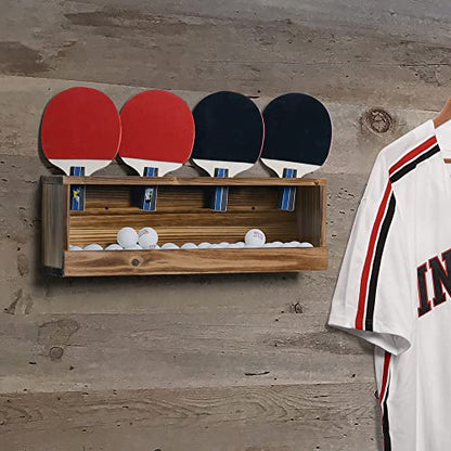 Ping Pong Paddle Storage Rack - Table Tennis Racket Display Wall Mounted Holder for 4 Paddles and Balls in Bar, Game Room, Office Break Room, Garage, Bedroom, Home - Rustic Burnt