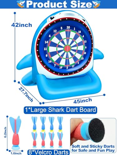 45" Large Inflatable Pool Toys Shark Dart Board with 8 Sticky Darts | Swimming Pool Floats Water Games for Adults Summer Beach Yard Outdoor Games Play Cool Party Gift