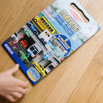 Melissa & Doug Take-Along Magnetic Jigsaw Puzzle Set – Vehicles (2 x 15 Piece) Travel Activity Toy for Preschoolers and Kids Ages 3+ - style: Vehicles