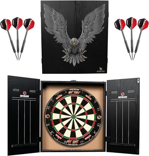 Ruthless Home Darts Centre with or Without LED Light Options | Home Dart Board Centre Including Cabinet, Dartboard and 2 Sets of Darts. - style: Eagle