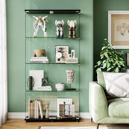 Glass Display Cabinet with 4-Shelf Double Doors and Lock, 5mm Tempered Glass Floor Standing Bookshelf for Living Room, Bedroom, Office, 64 x 31.7 x 14.3 in, Black - size: 64 x 31.7 x 14.3 in -4-Tier
