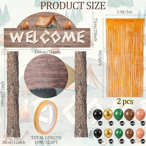 Peryiter 115 pcs Camping Party Decorations Set Wood Grain Welcome Backdrop Banner Foil Fringe Curtain Balloon Arch Kit Outdoor Camping Themed Supplies for Birthday Campfire Party - style: Camping