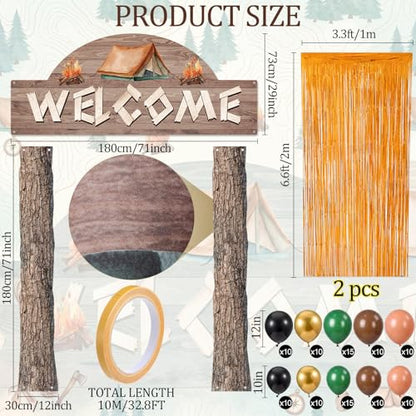 Peryiter 115 pcs Camping Party Decorations Set Wood Grain Welcome Backdrop Banner Foil Fringe Curtain Balloon Arch Kit Outdoor Camping Themed Supplies for Birthday Campfire Party - style: Camping