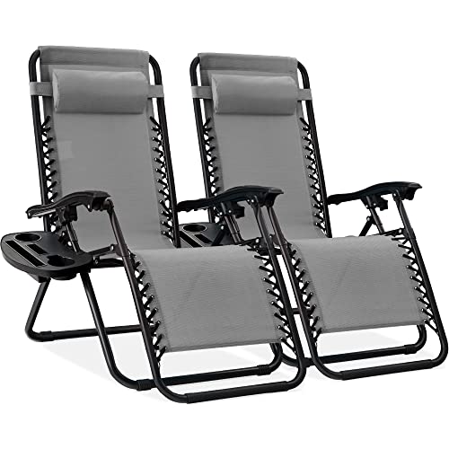 Best Choice Products Set of 2 Adjustable Steel Mesh Zero Gravity Lounge Chair Recliners w/Pillows and Cup Holder Trays - Ice Gray - color: Ice Gray, size: Standard