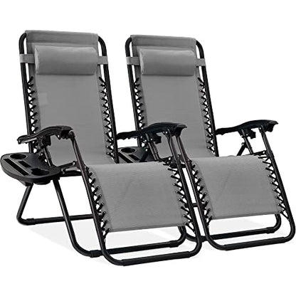 Best Choice Products Set of 2 Adjustable Steel Mesh Zero Gravity Lounge Chair Recliners w/Pillows and Cup Holder Trays - Ice Gray - color: Ice Gray, size: Standard