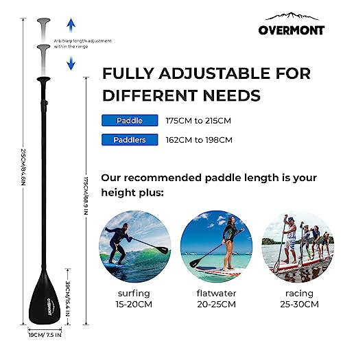 Overmont Carbon Fiber SUP Paddle, 3-Piece Adjustable 69"-85" Stand Up Paddle Board Paddle with Anti-Twist Lock, Lightweight Portable Replacement Paddle for Adults
