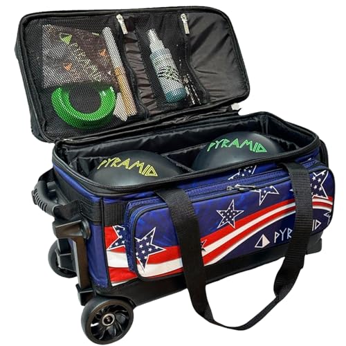 Pyramid Deluxe Double Roller 2 Ball Bowling Bag with Large Separate Shoe Compartment (Up To 2 Pairs Of Shoes) and Accessory Pockets, Sturdy Square Handle - Extends to 40" - Pro Options Available - color: Pro Stars & Stripes