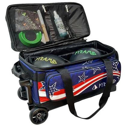 Pyramid Deluxe Double Roller 2 Ball Bowling Bag with Large Separate Shoe Compartment (Up To 2 Pairs Of Shoes) and Accessory Pockets, Sturdy Square Handle - Extends to 40" - Pro Options Available - color: Pro Stars & Stripes