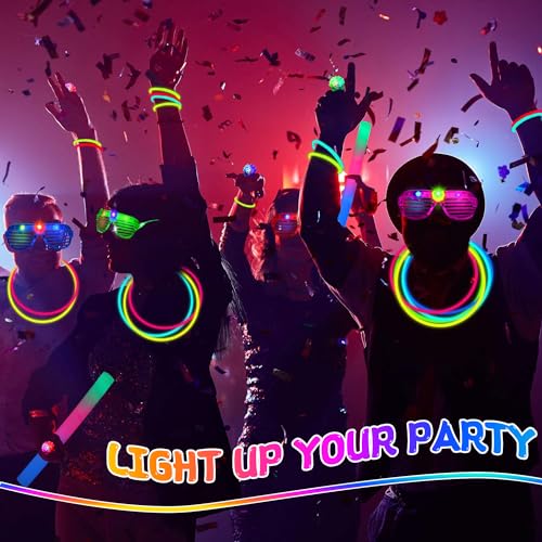 248PCS Glow in the Dark Party Supplies, Party Pack Bulk , 16PCS Foam Glow Sticks & LED Glasses, 16PCS LED Light Up Rings and 200PCS Glow Sticks for Neon Party Decorations, halloween party favors