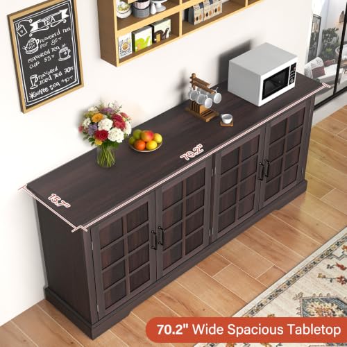 Bigbiglife 70.2" Wood Buffet Cabinet, Farmhouse Buffet Sideboard Cabinet with 4 Doors and Adjustable Shelves, Coffee Bar Wine Bar Storage Cabinet for Kitchen, Living Room, Chocolate Brown - color: Chocolate Brown