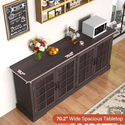 Bigbiglife 70.2" Wood Buffet Cabinet, Farmhouse Buffet Sideboard Cabinet with 4 Doors and Adjustable Shelves, Coffee Bar Wine Bar Storage Cabinet for Kitchen, Living Room, Chocolate Brown - color: Chocolate Brown