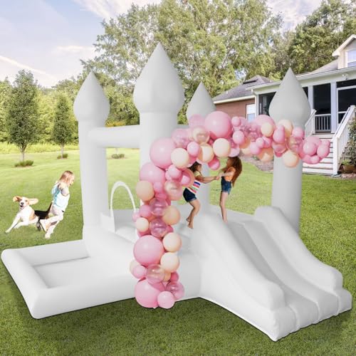 AKSPORT White Bounce House Castle Inflatable Jumping Castle with Slide & Air Blower for Kid, Wedding, Birthday Party Castle, 9 * 9 * 7FT - style: 9x9x7ft-white