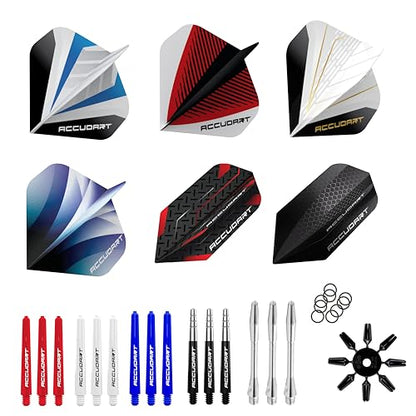 Accudart Dart Tune‑Up Kit – Flights, Shafts, Flight Protectors, Spring Clips, O‑Rings & Dart Tool – Complete Dart Accessory Set for Steel or Soft Tip Darts