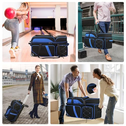 BOSSTIN 3 Ball Bowling Bags with Wheels, Secure Adhesive Fixed Ball Cup & Shoe Compartment, Bowling Ball Bag 3 Ball Roller with Multi-Pockets - color: Blue