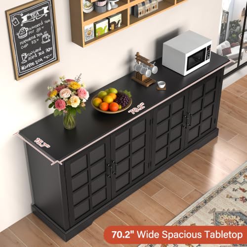Bigbiglife 70.2" Wood Buffet Cabinet, Farmhouse Buffet Sideboard Cabinet with 4 Doors and Adjustable Shelves, Coffee Bar Wine Bar Storage Cabinet for Kitchen, Living Room, Black - color: Black