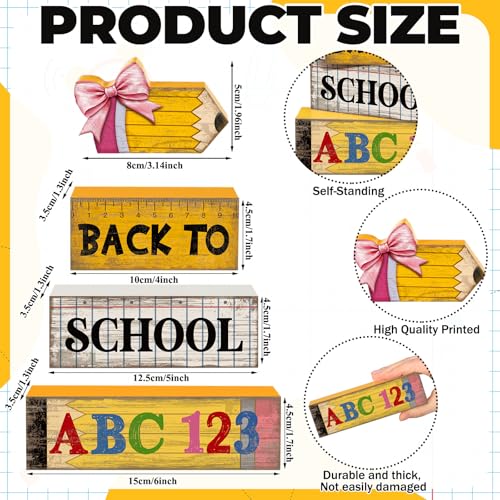 Lineshading 4 Pcs Back to School Table Decorations Wooden Pencil Stacked Block Decor, "ABC 123" Signs with Pencil Topper, Rustic Back to School Tiered Tray Decoration for Home Classroom Teacher Desk - style: Back to School 2
