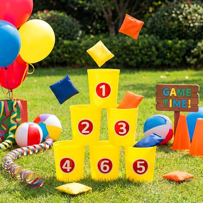 15 Pcs Bean Bag Toss Buckets Games Knockdown Can Throwing Game Sets, 6 Buckets 3 Bean Bag Number 1-6 Stickers for Outdoor, Family Gatherings, Birthdays, Indoor and Outdoor Activities