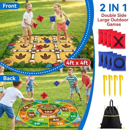 Giant Tic Tac Toe Game Outdoor - 4x4 FT Large 2-in-1 Bean Bag Toss Game for Kids and Adults, Double Sided Portable Yard Games for Backyard, Lawn, and Party