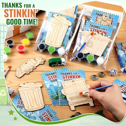 Saypacck 24 Pcs Garbage Truck Party Favors Wooden Painting Craft Kits Birthday Party Supplies with Organza Bag for Goodie Bags Fillers Adult Thank You Gifts - style: Garbage Truck