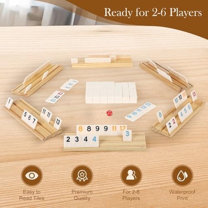 2-6 Players Rummy Game Gifts, Easter Gifts/Easter Basket Stuffers for Adults, Rummy Game W/ 6 Wooden Racks, 160 Melamine Tiles, Drawstring Bag, Portable Case, Family Games for Adults & Kids Age 8+ - style: 2-6 Players