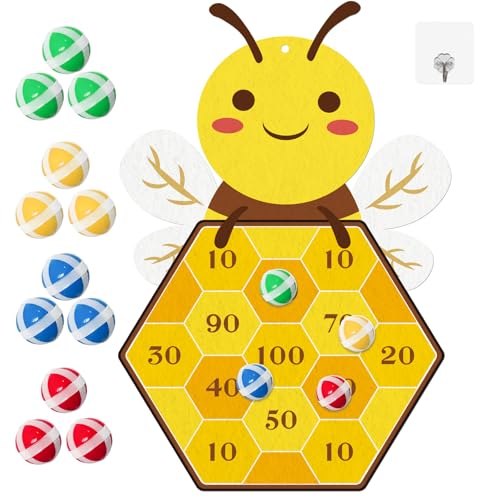 Yquqwn Bee Dart Game for Kids, Cute Bee Toss Game Includes 12 Sticky Balls and Hanging Hook for Birthday Party Games Family Gatherings Indoor Outdoor Activities Gifts