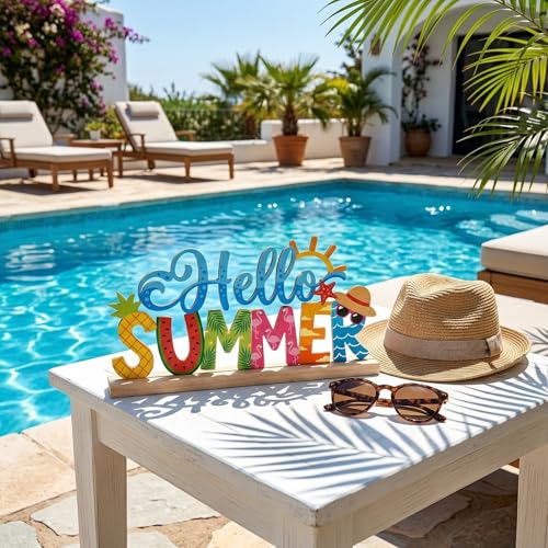 Hello Summer Table Decorations Summer Tropical Metal Table Sign Beach Holiday Tabletop Centerpiece Beach Tiered Tray Decor for Home Kitchen Mantel Party Centerpieces - style: Hello Summer