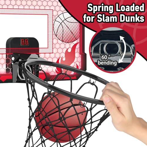 VROGTIK Indoor Basketball Hoop for Kids with Led Lights Mini Basketball Hoop with Remote Control Over The Door Basketball Hoops with Scoreboard Basketball Toys for 4-12 Year Old Boys Girls - style: Red with Lights