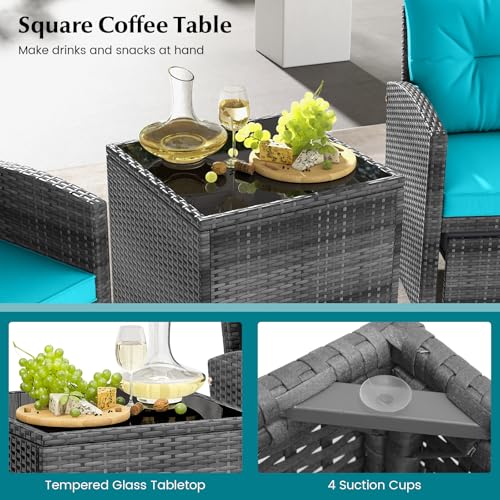 Tangkula 5 Pieces Patio Conversation Set, PE Wicker Rattan Outdoor Furniture Set with 2 Chairs, 2 Ottomans & Tempered Glass Coffee Table, Ideal for Poolside, Backyard, Lawn, Deck, Mix Grey & Turquoise - color: Mix Grey & Turquoise