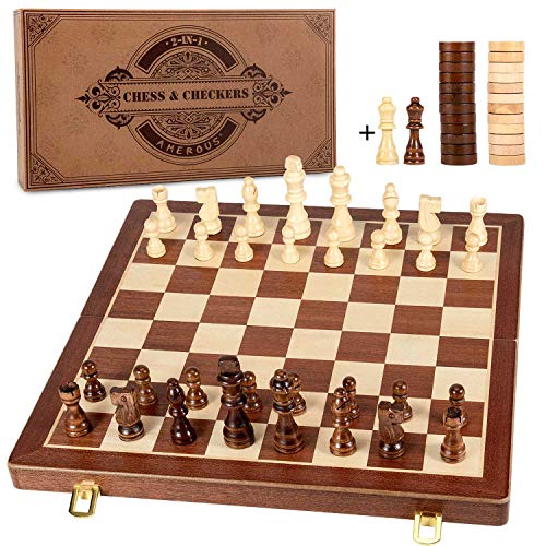 AMEROUS 15 Inches Magnetic Wooden Chess & Checkers Set (2 in 1) - Folding Board -Gift Box Packed -24 Cherkers Pieces -2 Extra Queens, Beginner Chess Set for Kids and Adults