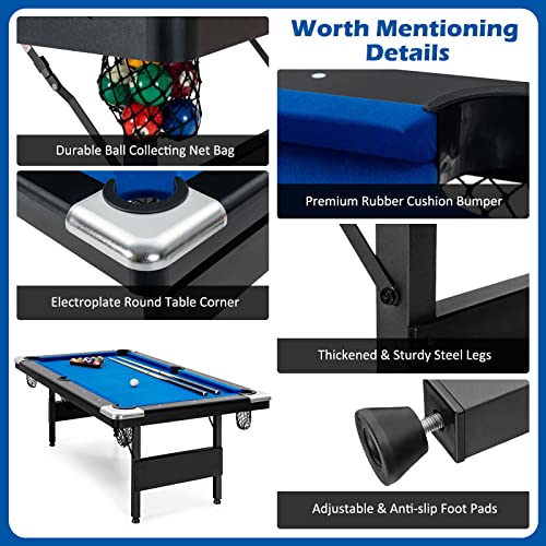 GYMAX Pool Table, 6FT Foldable Billiard Table with Complete Set of Balls, 2 Cue Sticks, Chalk & Felt Brush, Portable Indoor/Outdoor Pool Table for Adults Kids Family Game
