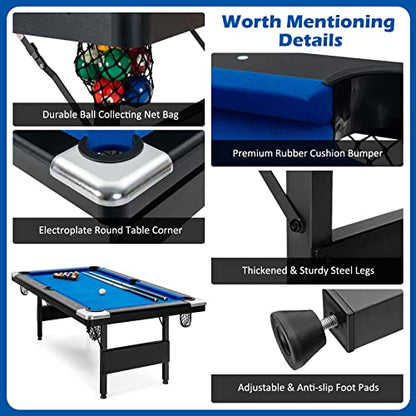 GYMAX Pool Table, 6FT Foldable Billiard Table with Complete Set of Balls, 2 Cue Sticks, Chalk & Felt Brush, Portable Indoor/Outdoor Pool Table for Adults Kids Family Game