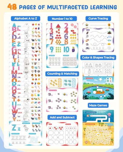 JoyCat Preschool Learning Activities 48 Reusable Pages, Handwriting Practice for Kids Toddlers, Tracing Letter Number Workbooks, Educational Autism Busy Book, Learning Gift Toys for 3 4 5 Year Olds - style: 1. Trace & Write
