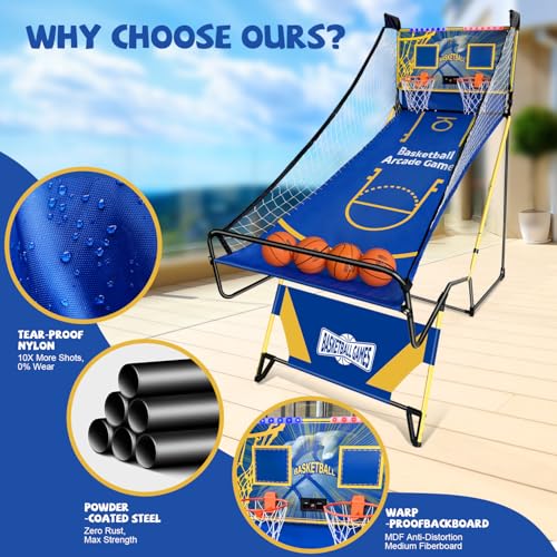 Arcade Basketball Game,Foldable Indoor Dual Basketball Scoring System with Sound Effects,Pump and Dual HoopsGame Modes for Family Game