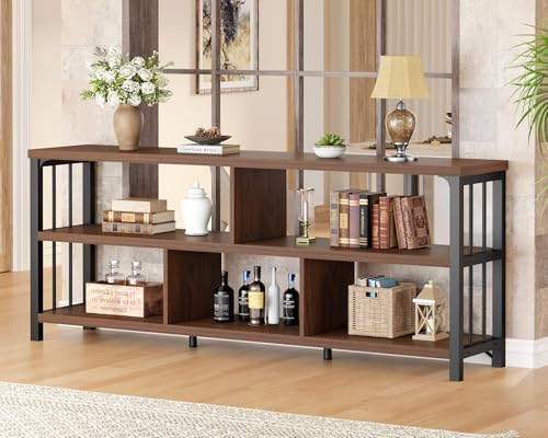 IBF Long Bookshelf, 63” Wide Low Open Book Shelf, Industrial 5 Cube Horizontal Bookcase for Bedroom Home Office, 3 Tier Wood Metal Cubby Storage Organizer Shelf for Living Room, Walnut, 63 Inch - color: Walnut Oak, size: 63 inch