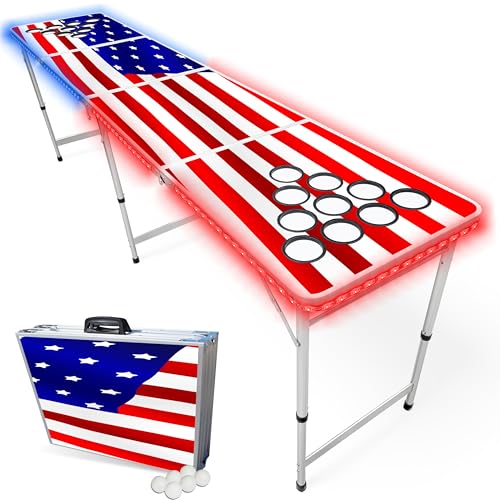 8-Foot Regulation Length Folding Table w/Optional Cup Holes, LED Lights, Custom Graphic (Choose Your Model) - color: Stars & Stripes, style: w/ LED Lights & Cup Holes