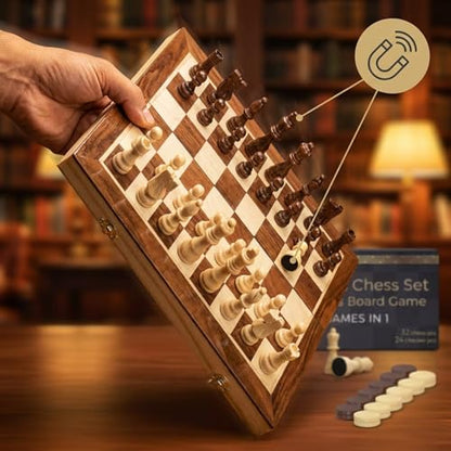 Wooden Magnetic Chess Set & Checkers Board Game, 15” Foldable Chess Board | Solid Wood 2-in-1 Board Game for Adults with Storage Box, 2 Extra Queens, Portable Travel Chess Set for Kids & Beginners - size: Large (15" x 15")