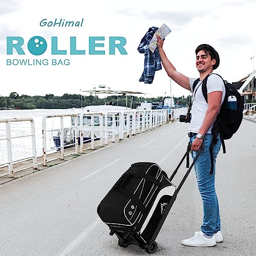 GoHimal Double Roller Bowling Bag, Shoe Compartment, Upgraded Fabric | Fits US men's size 15 shoes,multi pockets,retractable handle extends to 40",smooth-rolling wheels,lightweight design - color: Black