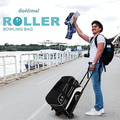 GoHimal Double Roller Bowling Bag, Shoe Compartment, Upgraded Fabric | Fits US men's size 15 shoes,multi pockets,retractable handle extends to 40",smooth-rolling wheels,lightweight design - color: Black