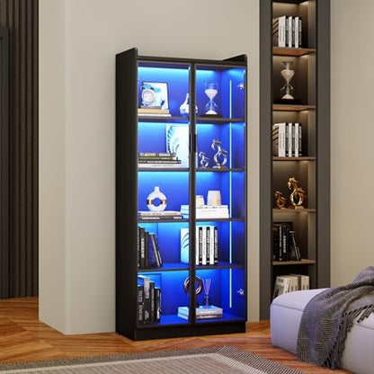 Dystler Display Cabinet with Doors and Adjustable Shelves, 65" Tall Bookcase with LED Lights/Human Sensor, 5 Tier Display Case for Collectibles Bedroom Living Room Office, Black - color: Black