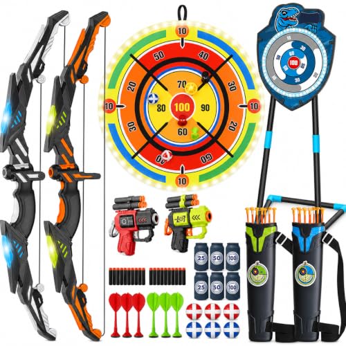 VROGTIK 2 Pack Kids LED Bow and Arrow Set with Standing Target & LED Dart Board, 20 Suction Cup Arrows, 2 Quivers, Foam Dart Toys, Indoor Outdoor Archery Toy Gift for Boys Girls Ages 3-12 - color: Blue/Green/Yellow