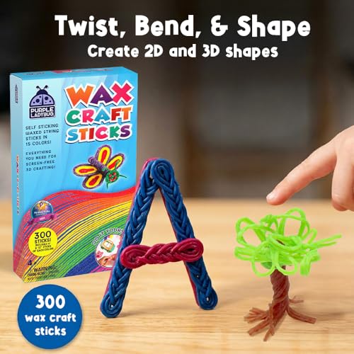 PURPLE LADYBUG 300 PCS Bendable Wax Craft Sticks in 2 Lengths - 6" and 12" Strips in 15 Colors Each, Mess-Free Road Trip Activity for Kids, Travel Toys for Car & Airplane for Kids Ages 4+