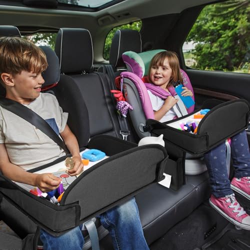 Kids Travel Tray for Toddler Car Seat, Lap Tray for Girl Activities with Dry Erase Board & Cooler Cup Holder, Road Trip Essentials Accessories with No-Drop Large Tablet iPad Holder Stand,2Pc Black - color: Black-2PCS