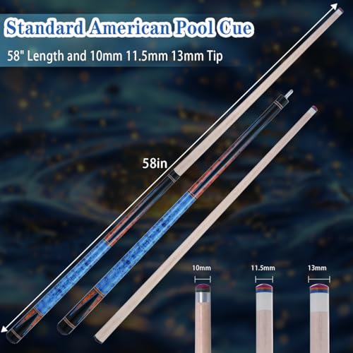 Canadian Maple Pool Cue Sticks (10mm/11.5mm/13mm), 58" 2-Piece Pool Sticks with Low Deflection Shaft,Billiard Sticks for Home, Bar, and Tournament Play - color: Blue only cue13mm