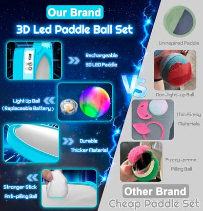 3D LED Light Up Toss Catch Ball Game Set Toys for Back Yard Outdoor Party Favors Glow in Dark Sticky Paddle Baseball Gift Age 5 6 7 8 9 10 11 12 Years Old Girls Boy Kid Family Adult - color: Blue 1 Paddle 2 Balls