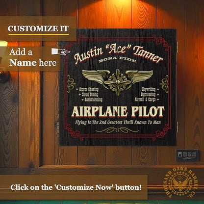 Personalized Dart Board Cabinet Set with 6 Steel Tip Darts, Paper Fibre Dartboard, Chalk & Eraser (21.5 x 21.5 x 2.75") - Occupational Man Cave Dart Boards for Adults - Airline Pilot (401) - style: Airplane Pilot Dartboard & Cabinet Set