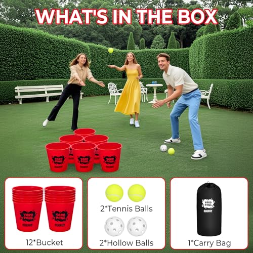 Yard Pong Outdoor Games, Giant Yard Games Set with 12 Buckets and Balls for Adults and Family, Toss Game Throwing Games for Beach, Camping, Lawn and Backyard - color: red