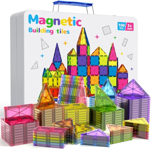 100Pcs Premium Magnetic Tiles Toys Set with Sturdy Iron Case, STEM Educational Building Blocks for Kids Ages 3-5 4-8, Montessori Sensory Toys, Creative Birthday Gifts for Toddler Boys & Girls - size: 100 PCS