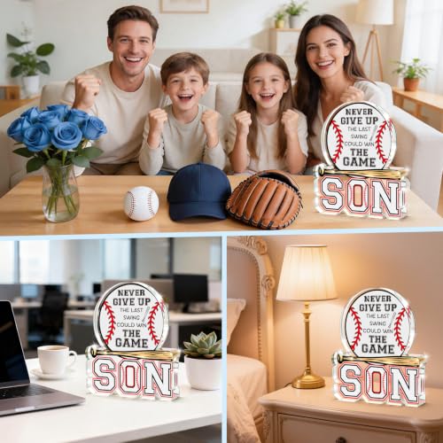 Baseball Gifts for Son from Mom Dad, Fathers Day Birthday Graduation New Job Gifts for Him Teen Boys Adults Son in Law Bonus Step, Acrylic Baseball Desk Plaque Sign to My Best Son Birthday Present
